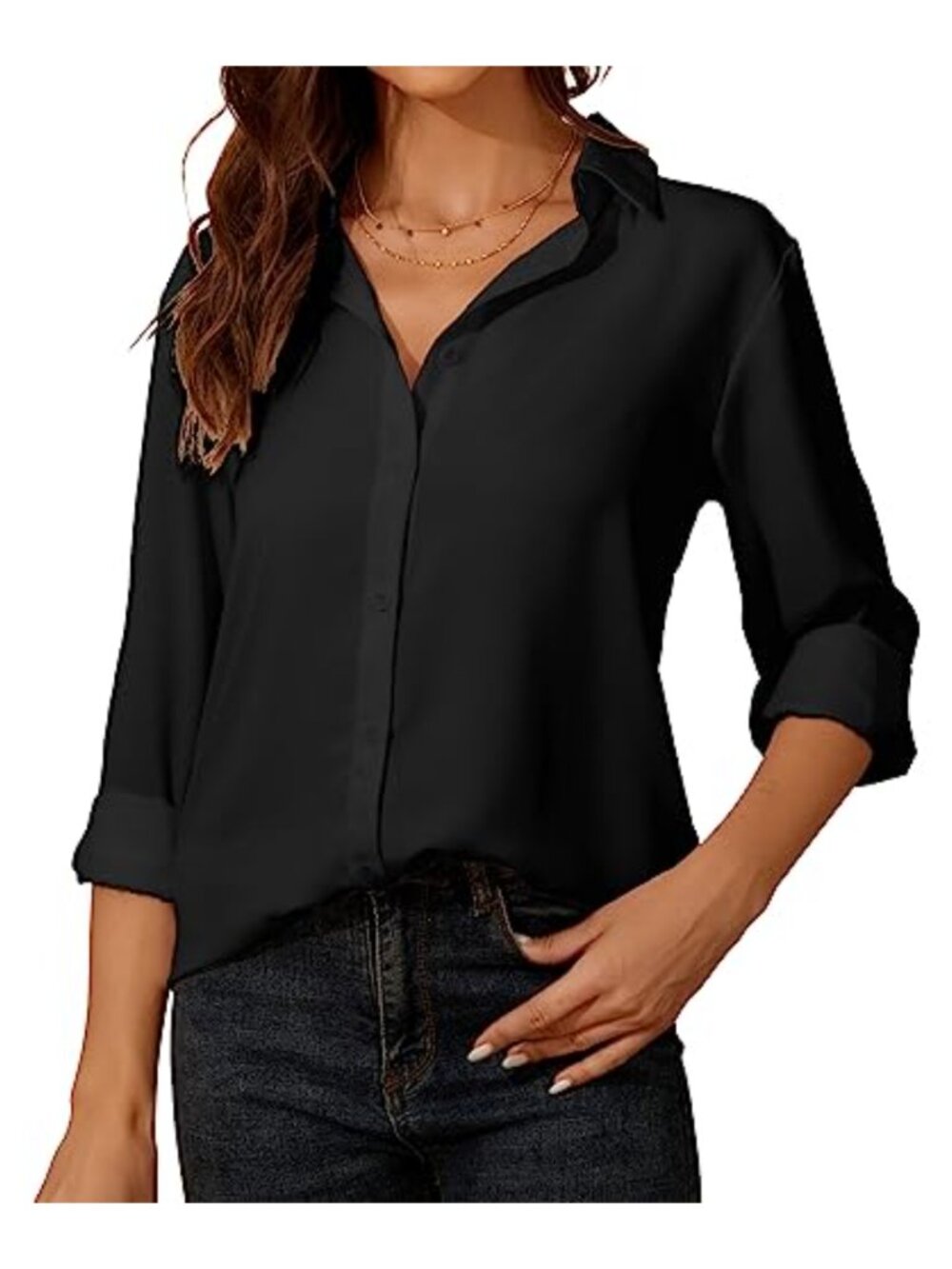 Women's Long Sleeve Button Down Collared Chiffon Blouse